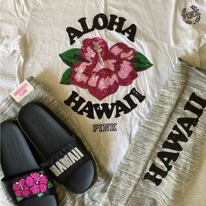 Victoria’s Secret PINK BLING Aloha Hawaii Shirt Pants Slide Sandals NWT
